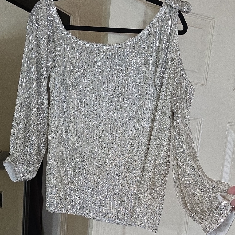 CeCe Silver Sequin Embellished Blouse